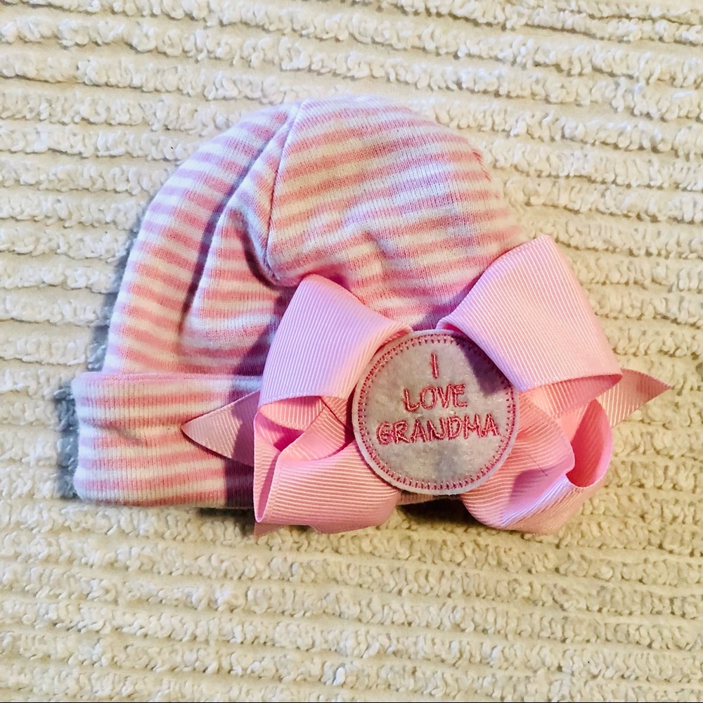 Mudpie “I love grandma” Newborn Infant Baby Hat Beanie, Pink Stripes & Bow